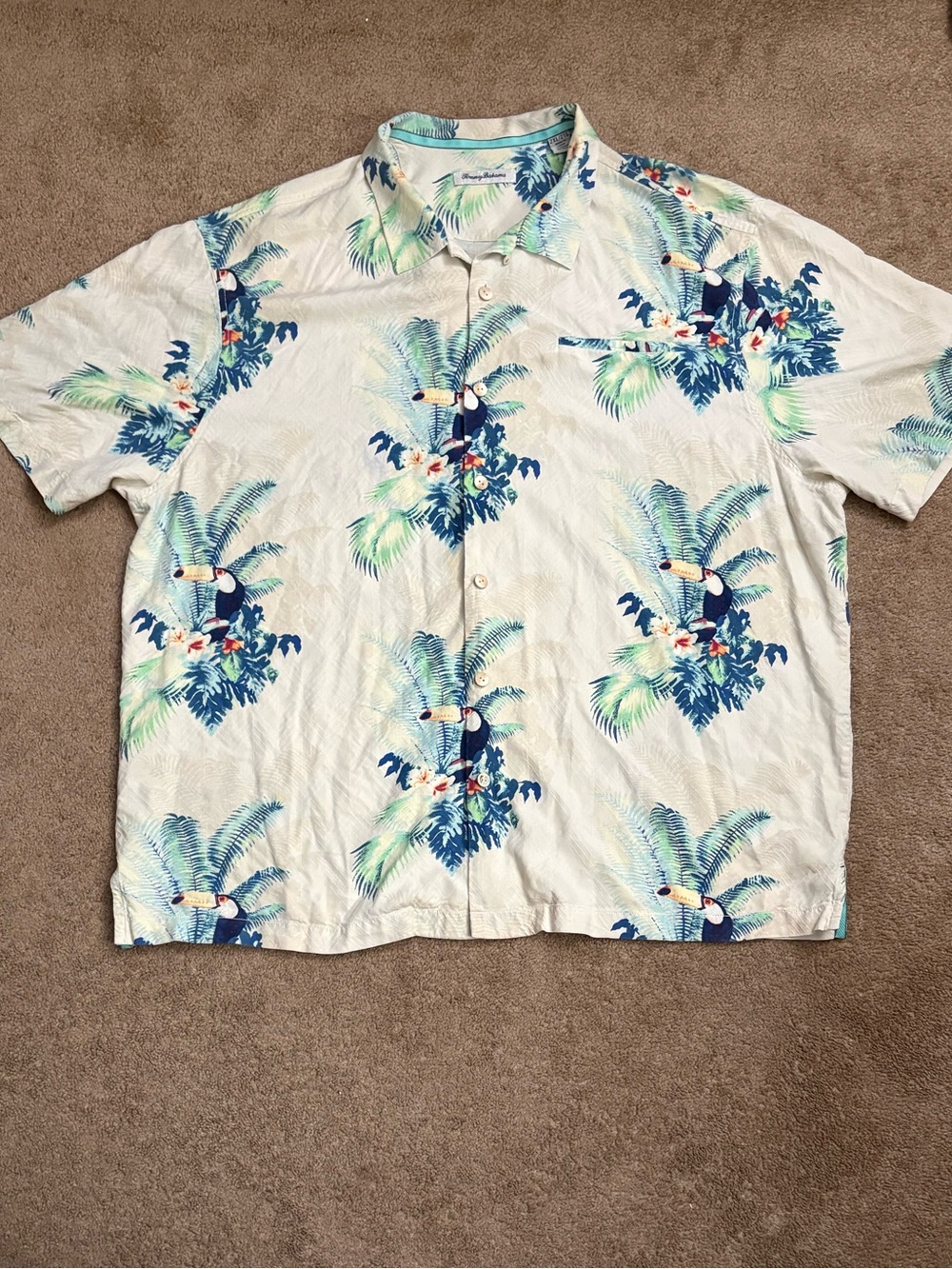 Tommy Bahama Mens 2XL Silk Hawaiian Palm Trees Toucans Button Up Shirt